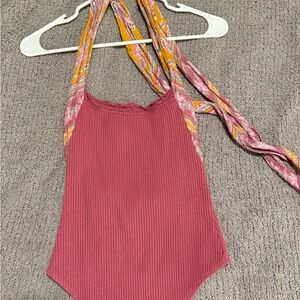 Free people Pink Halter Bodysuit with Paisley Straps